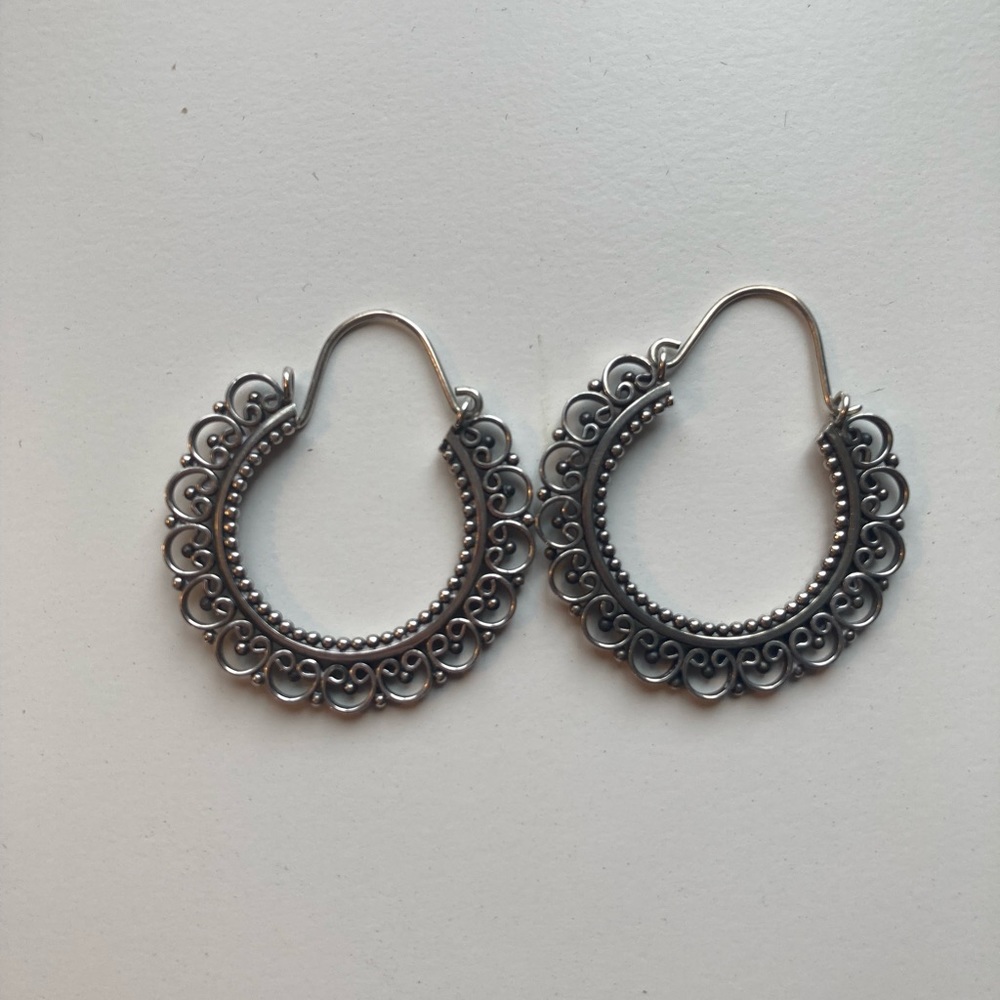 Large silver filigree hoop earrings
